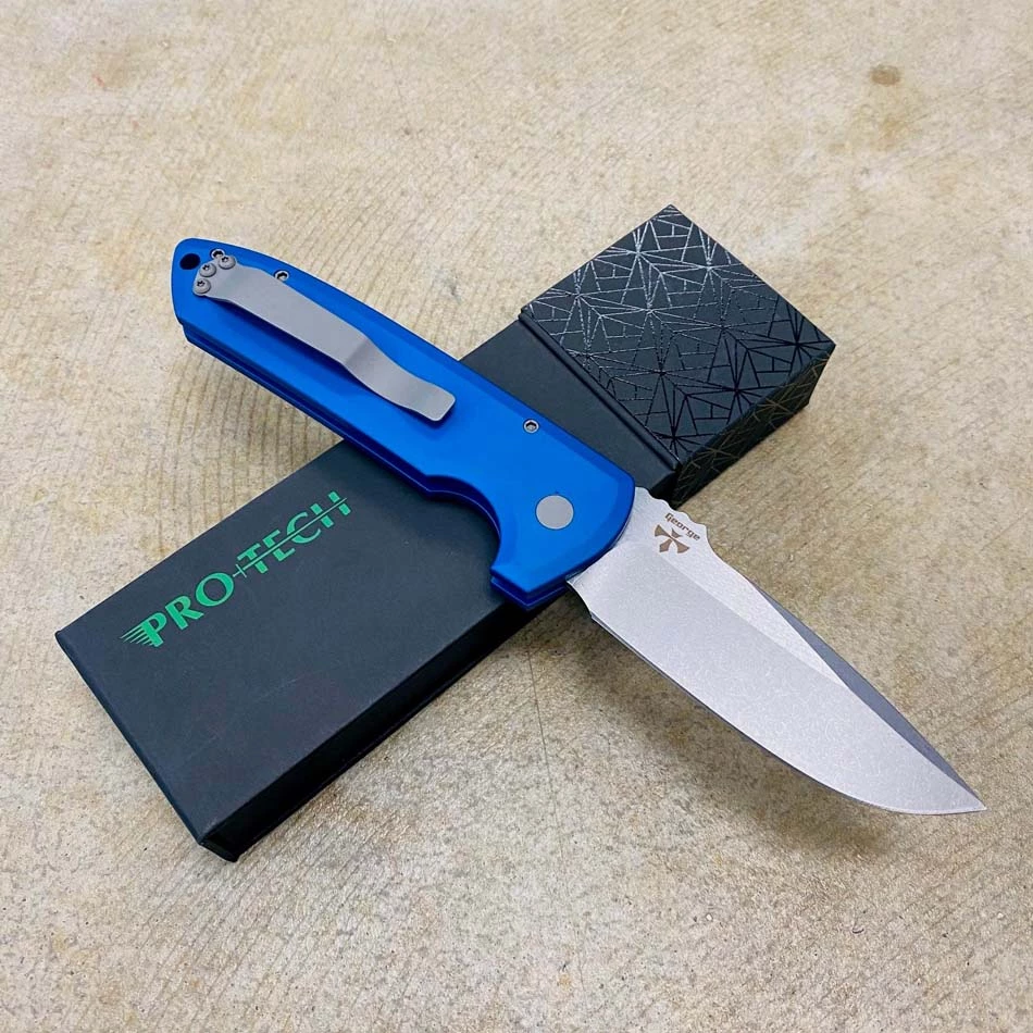 Protech LG301-BLUE Les George Rockeye 3.4" Stonewash CPM-S35VN Blade Solid Blue Handles Automatic Knife - Image 4