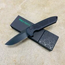 Protech LG307-D2 OPERATOR Les George Rockeye 3.4" CPM-D2 Sterile Black Blade Tritium Button Textured Show Side Handle Auto Knife BLADE SHOW 2023