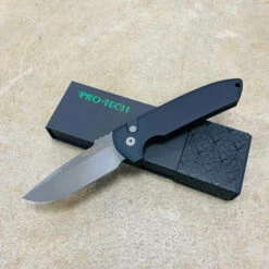 Protech LG321-D2 Les George Rockeye 3.4" Smokey Grey DLC CPM-D2 Blade, Solid Black Handle, Plain Edge Automatic Knife