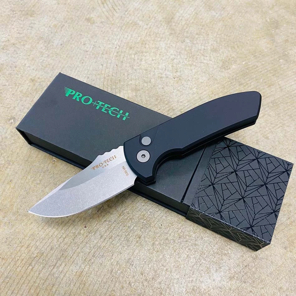 Protech LG401 Les George SBR Short Bladed Rockeye AUTO Folding Knife 2.5" S35VN Smooth Black Handles Stonewash Blade, Blasted Hardware