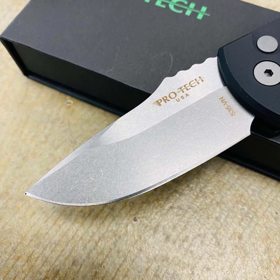 Protech LG401 Les George SBR Short Bladed Rockeye AUTO Folding Knife 2.5" S35VN Smooth Black Handles Stonewash Blade, Blasted Hardware - Image 2