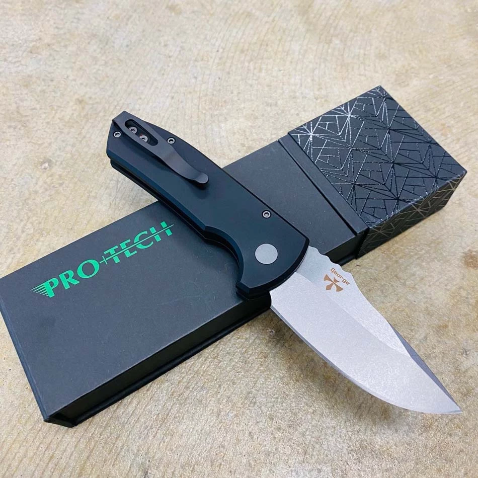 Protech LG401 Les George SBR Short Bladed Rockeye AUTO Folding Knife 2.5" S35VN Smooth Black Handles Stonewash Blade, Blasted Hardware - Image 4
