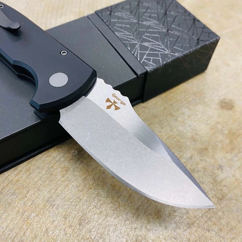 Protech LG401 Les George SBR Short Bladed Rockeye AUTO Folding Knife 2.5" S35VN Smooth Black Handles Stonewash Blade, Blasted Hardware - Image 5