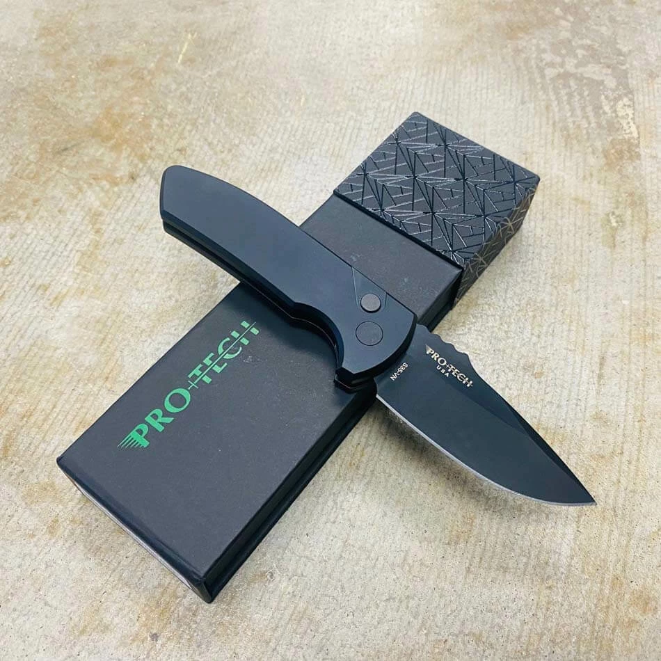 Protech LG403-LH Les George SBR LEFT HANDED Short Bladed Rockeye AUTO Folding Knife 2.5" S35VN Black Plain Blade Black Aluminum Handles