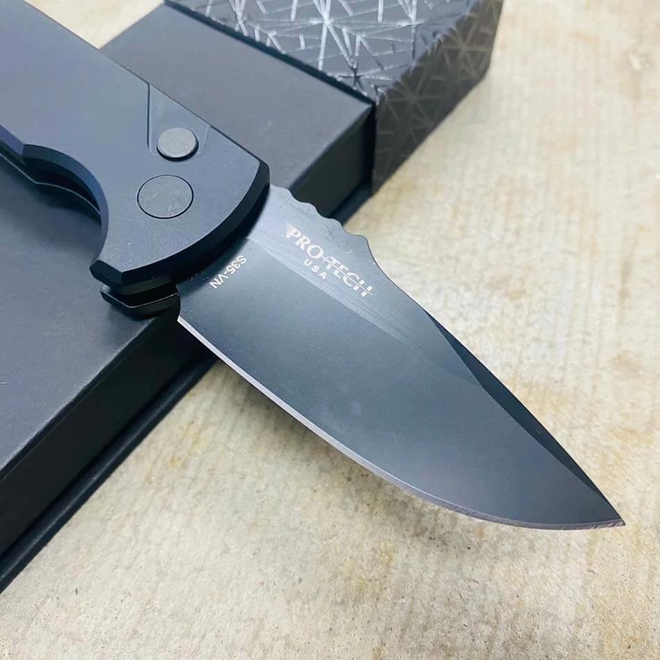 Protech LG403-LH Les George SBR LEFT HANDED Short Bladed Rockeye AUTO Folding Knife 2.5" S35VN Black Plain Blade Black Aluminum Handles - Image 2