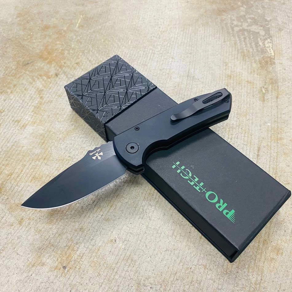 Protech LG403-LH Les George SBR LEFT HANDED Short Bladed Rockeye AUTO Folding Knife 2.5" S35VN Black Plain Blade Black Aluminum Handles - Image 4