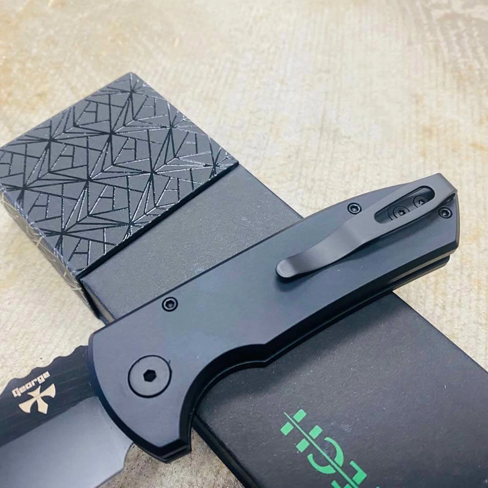 Protech LG403-LH Les George SBR LEFT HANDED Short Bladed Rockeye AUTO Folding Knife 2.5" S35VN Black Plain Blade Black Aluminum Handles - Image 6