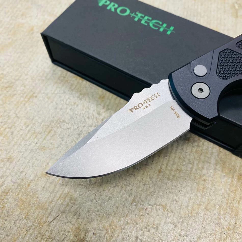 Protech LG405 Les George SBR Short Bladed Rockeye AUTO Folding Knife 2.5" S35VN Black Handles Stonewash Blade, Blasted Hardware - Image 2
