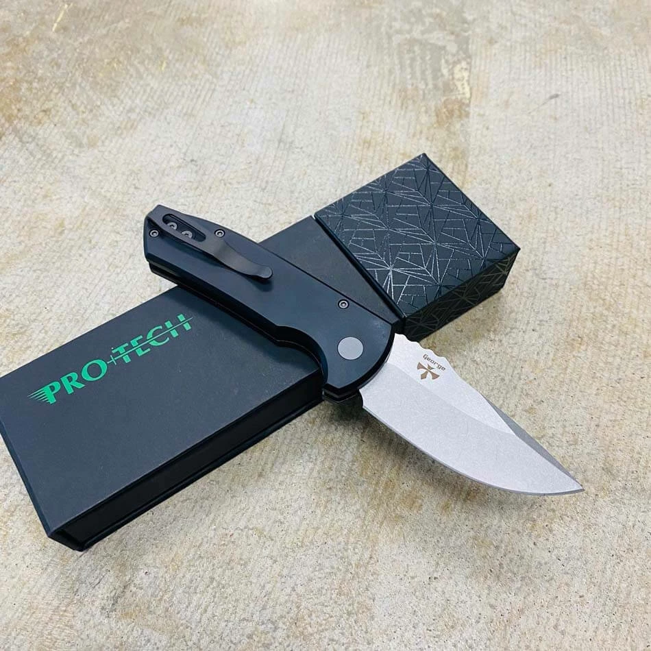 Protech LG405 Les George SBR Short Bladed Rockeye AUTO Folding Knife 2.5" S35VN Black Handles Stonewash Blade, Blasted Hardware - Image 4