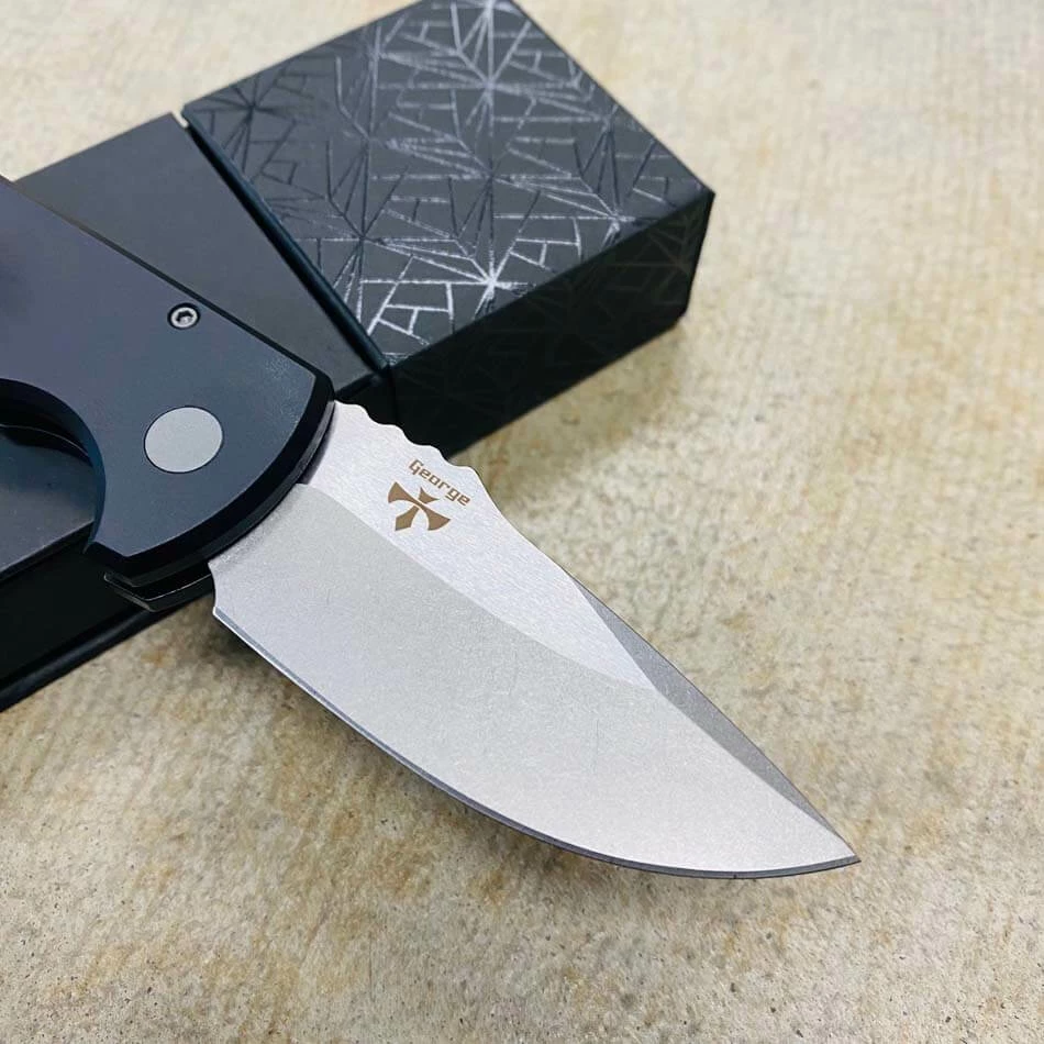 Protech LG405 Les George SBR Short Bladed Rockeye AUTO Folding Knife 2.5" S35VN Black Handles Stonewash Blade, Blasted Hardware - Image 5