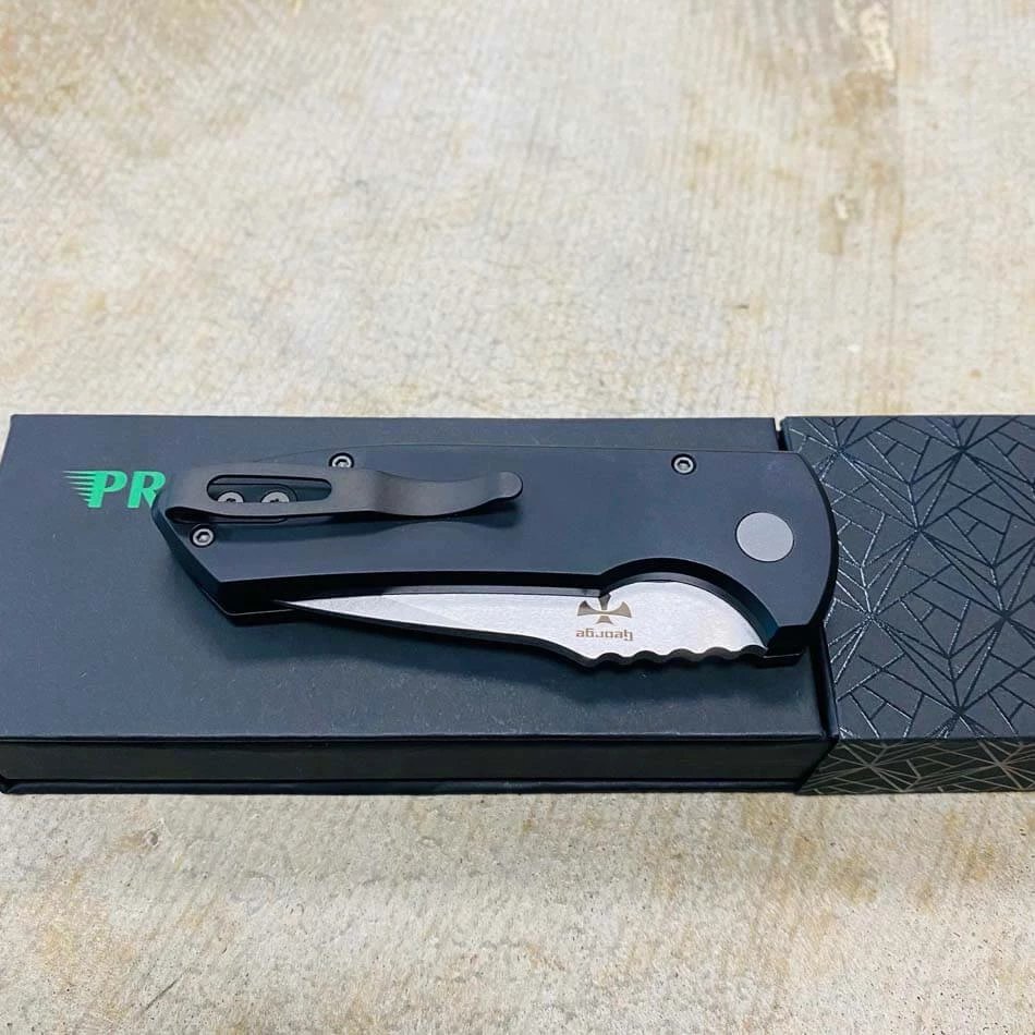 Protech LG405 Les George SBR Short Bladed Rockeye AUTO Folding Knife 2.5" S35VN Black Handles Stonewash Blade, Blasted Hardware - Image 8