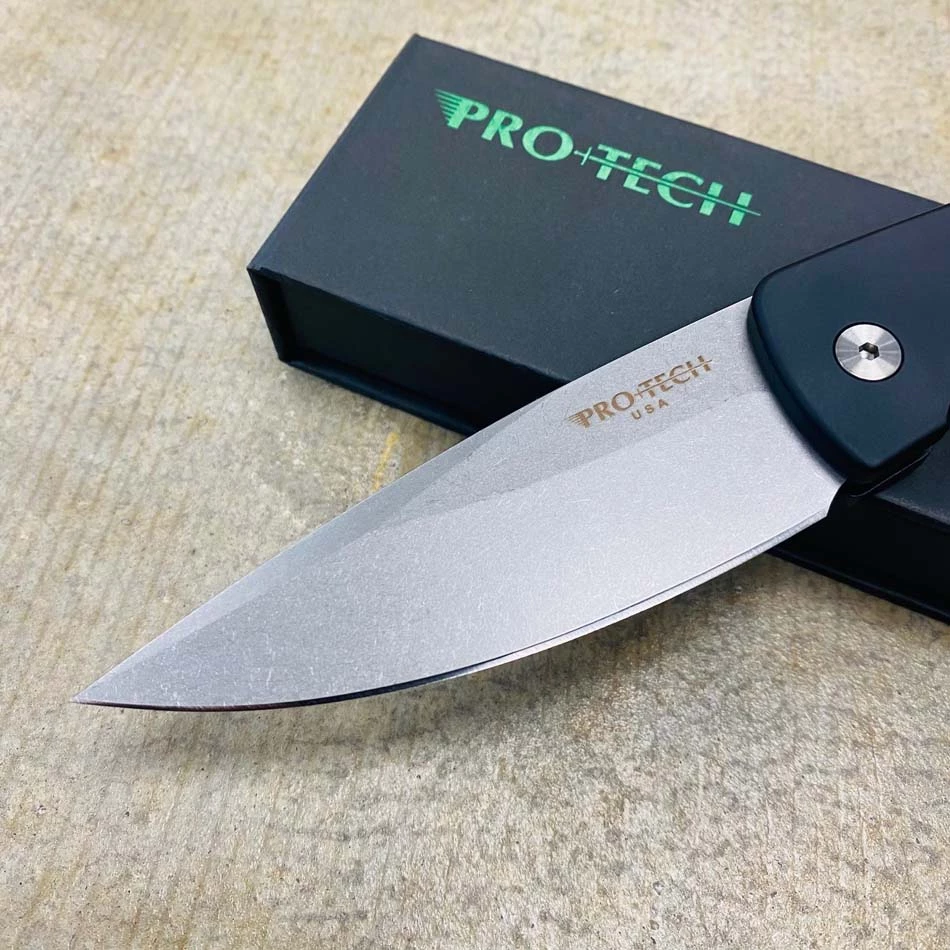 Protech M2601 MAGIC 2, 3.75" 154CM Drop Point, Mike Whiskers Allen Design, Solid Black Handle, Stonewash Blade, Automatic Knife - Image 2