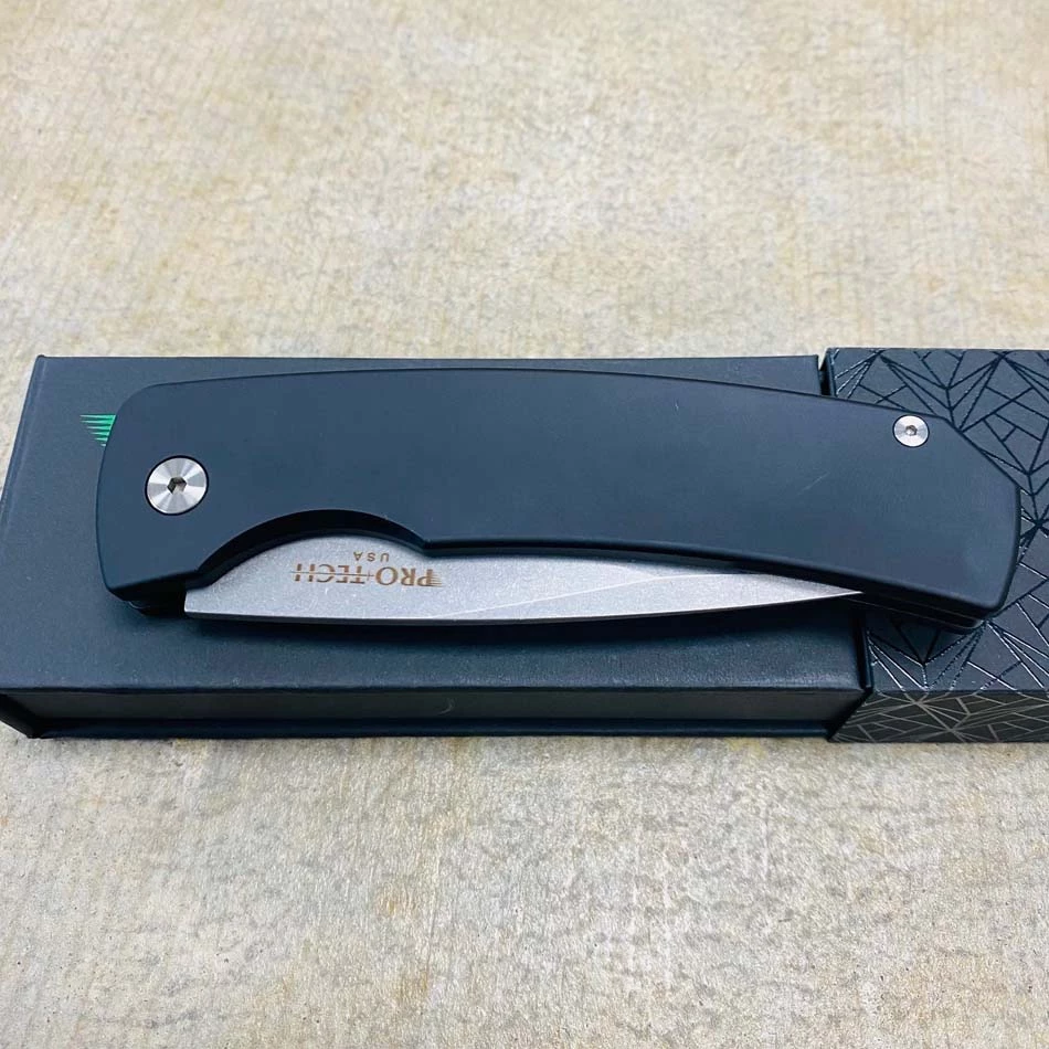 Protech M2601 MAGIC 2, 3.75" 154CM Drop Point, Mike Whiskers Allen Design, Solid Black Handle, Stonewash Blade, Automatic Knife - Image 7