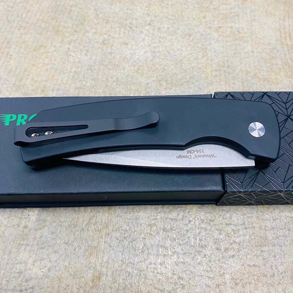 Protech M2601 MAGIC 2, 3.75" 154CM Drop Point, Mike Whiskers Allen Design, Solid Black Handle, Stonewash Blade, Automatic Knife - Image 8