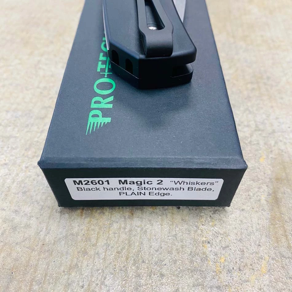 Protech M2601 MAGIC 2, 3.75" 154CM Drop Point, Mike Whiskers Allen Design, Solid Black Handle, Stonewash Blade, Automatic Knife - Image 9