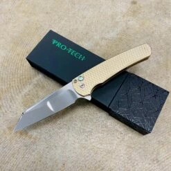 Protech 2023 Malibu Custom 016 Flipper, AlBronze Handles, Abalone Push Button, Satin Hardware, Mike Irie Compound Mirror Reverse Tanto Blade Polished Clip Knife