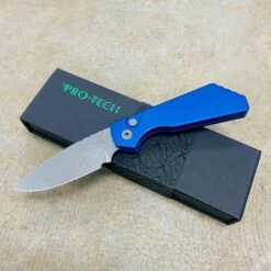 ProTech PT201-BLUE Strider PT+ Blue Solid Handle Stonewash Magnacut Blade Blasted Hardware Automatic Knife BLADE SHOW 2023