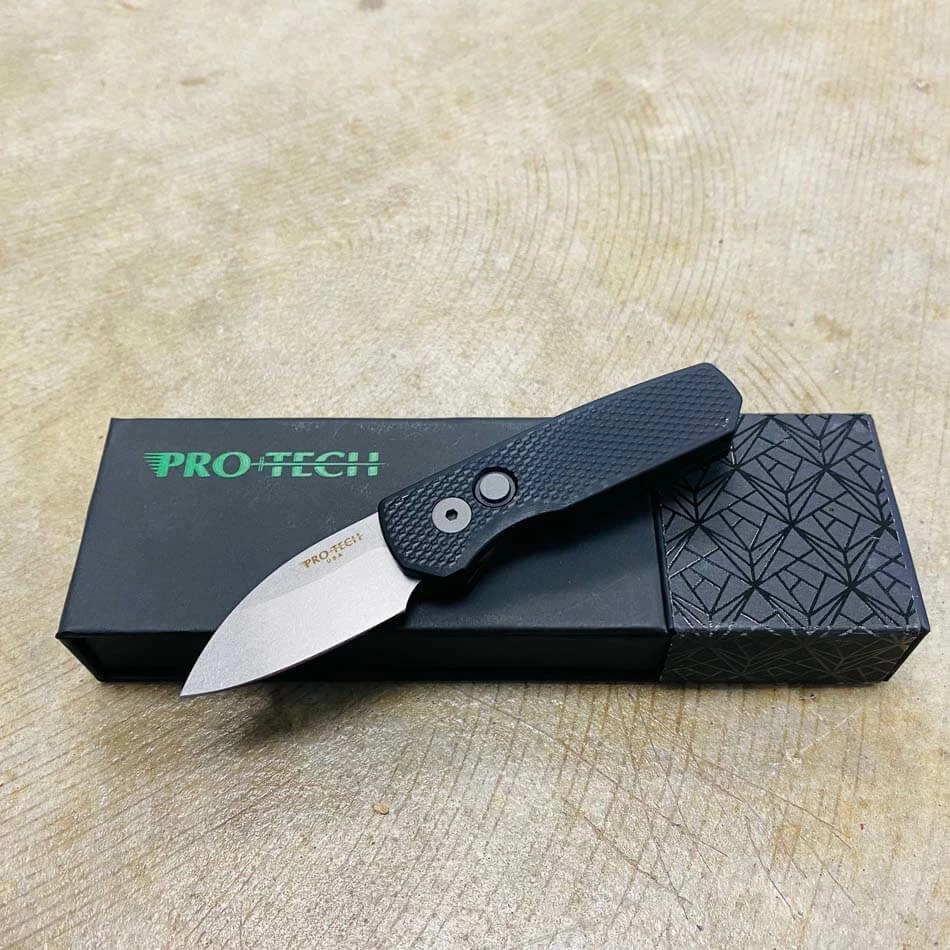 Protech Runt 5 R5105 Textured Black Handle 1.9" Stonewash 20CV Wharncliffe Blade Auto Knife