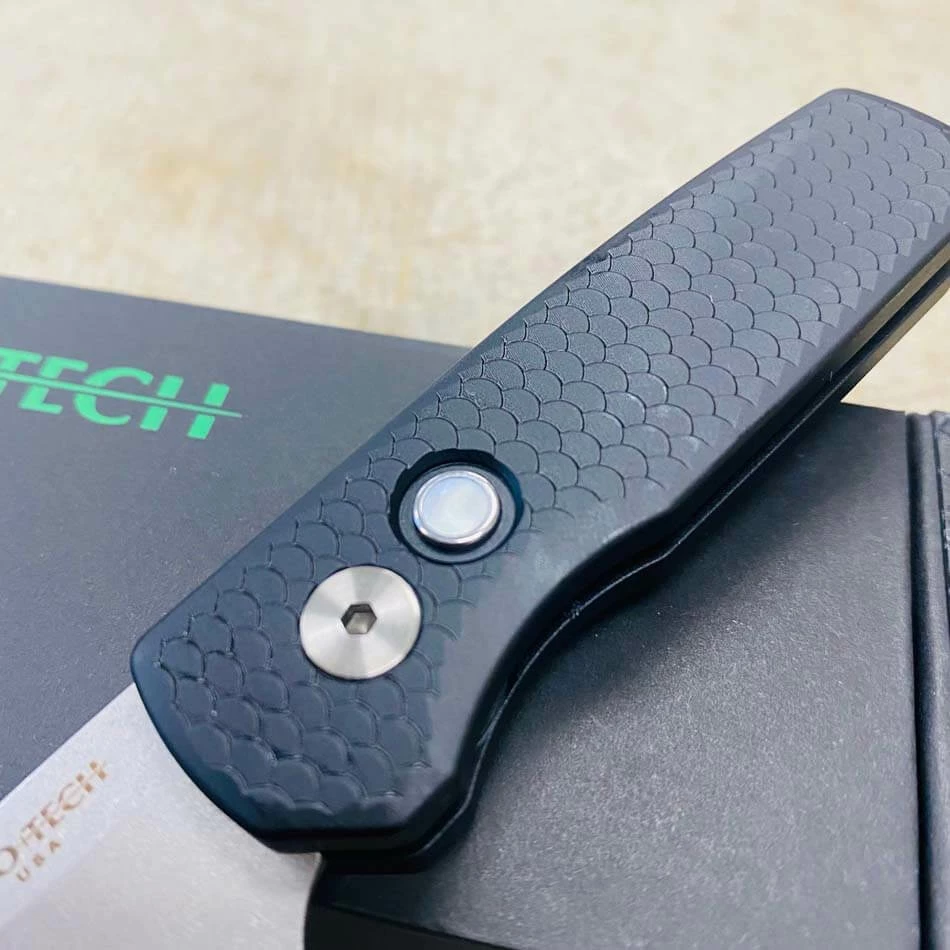 Protech Runt 5 R5130 Limited Auto Folding Knife 1.9" 20CV Stonewashed Steel Blade Black Dragon Scale Handles Pearl Button - Image 4