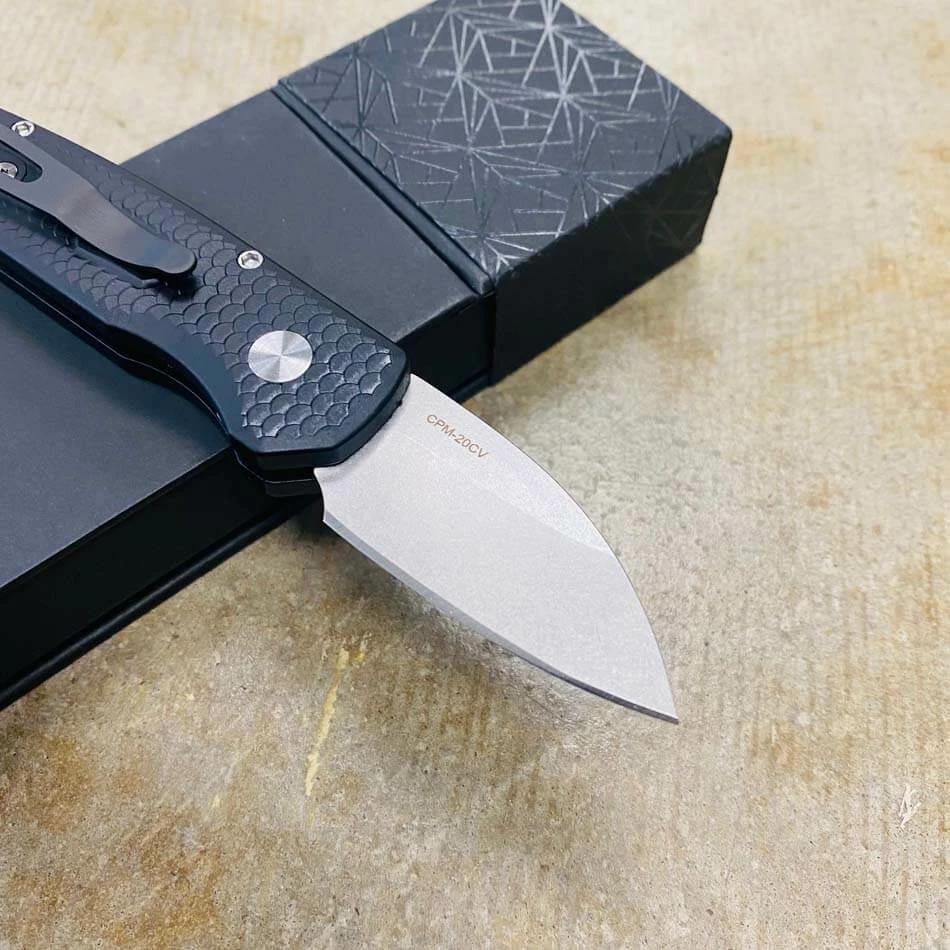 Protech Runt 5 R5130 Limited Auto Folding Knife 1.9" 20CV Stonewashed Steel Blade Black Dragon Scale Handles Pearl Button - Image 6