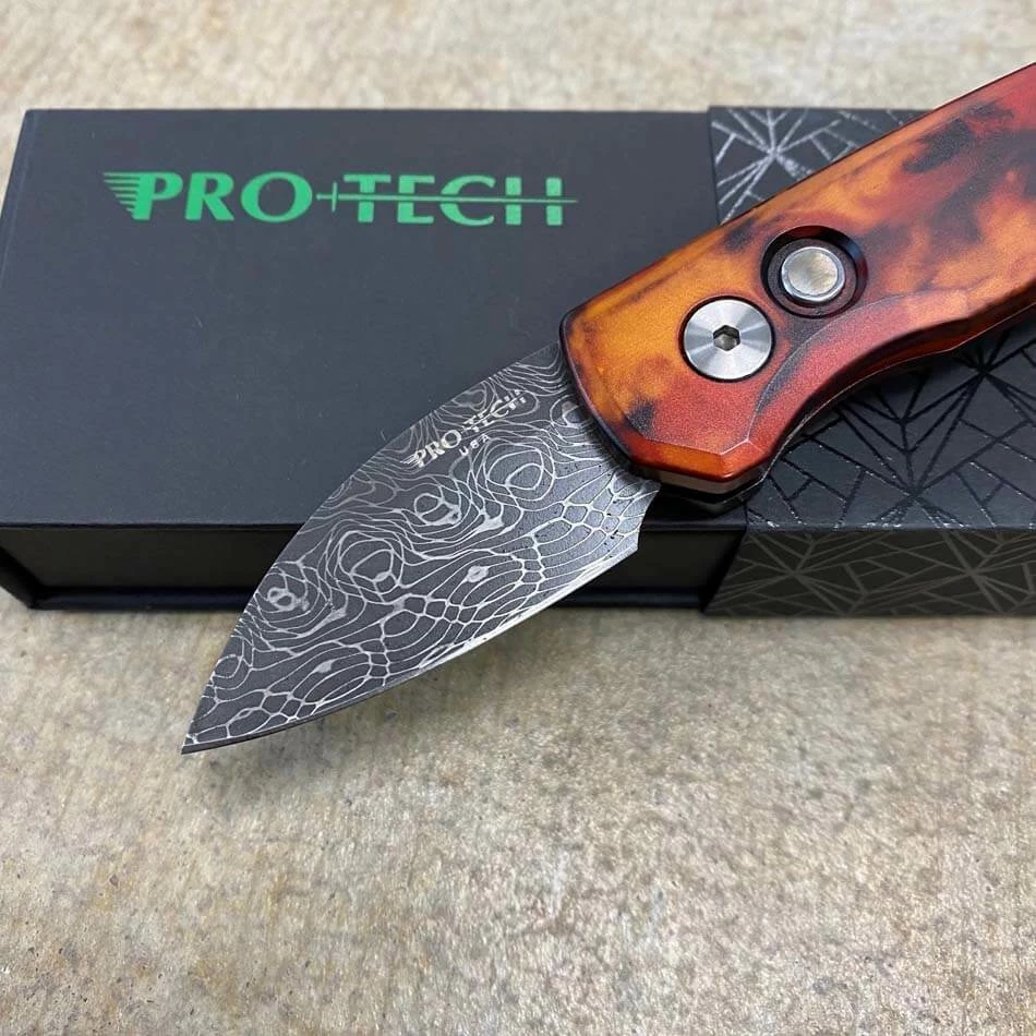 Protech Runt 5 R5301-DF Del Fuego Damascus Wharncliffe Blade Auto Knife - Image 2