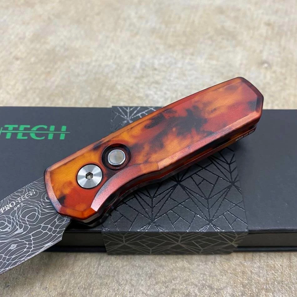 Protech Runt 5 R5301-DF Del Fuego Damascus Wharncliffe Blade Auto Knife - Image 3