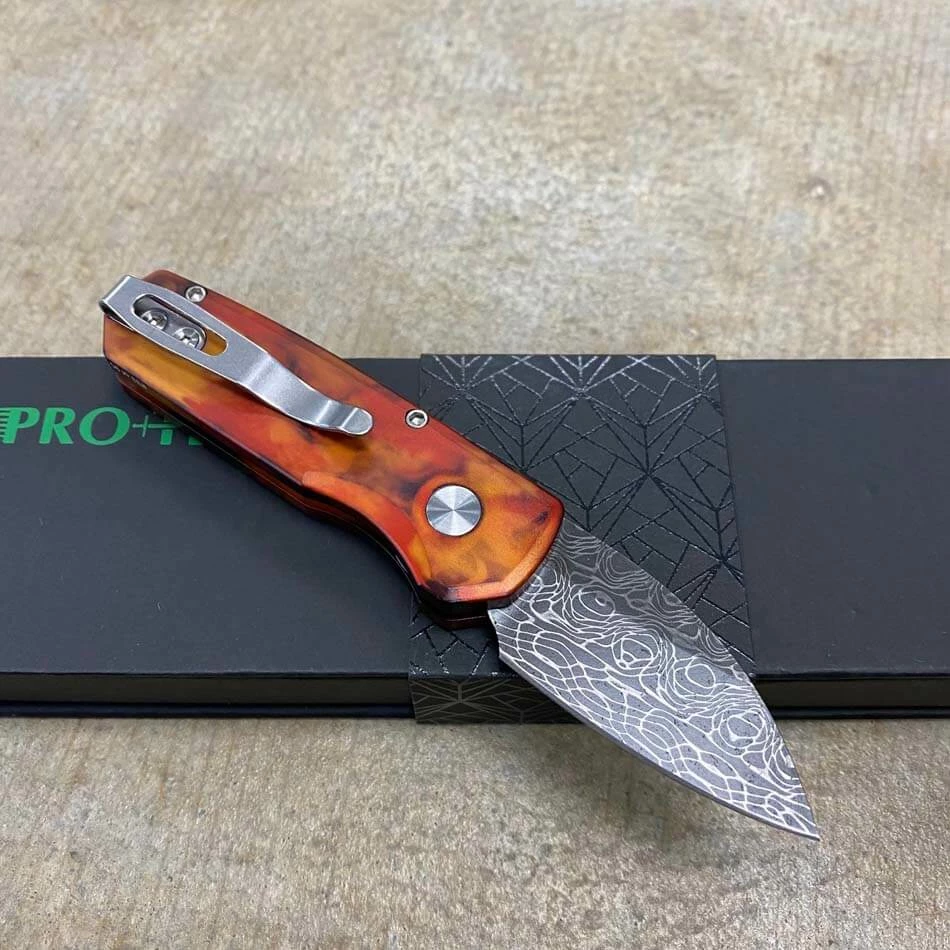 Protech Runt 5 R5301-DF Del Fuego Damascus Wharncliffe Blade Auto Knife - Image 4