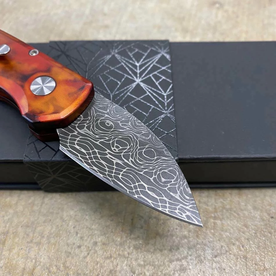 Protech Runt 5 R5301-DF Del Fuego Damascus Wharncliffe Blade Auto Knife - Image 5