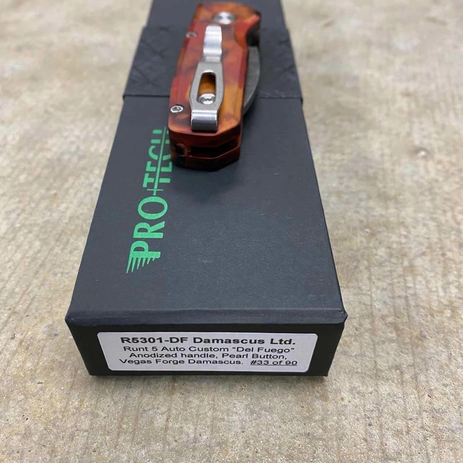 Protech Runt 5 R5301-DF Del Fuego Damascus Wharncliffe Blade Auto Knife - Image 8