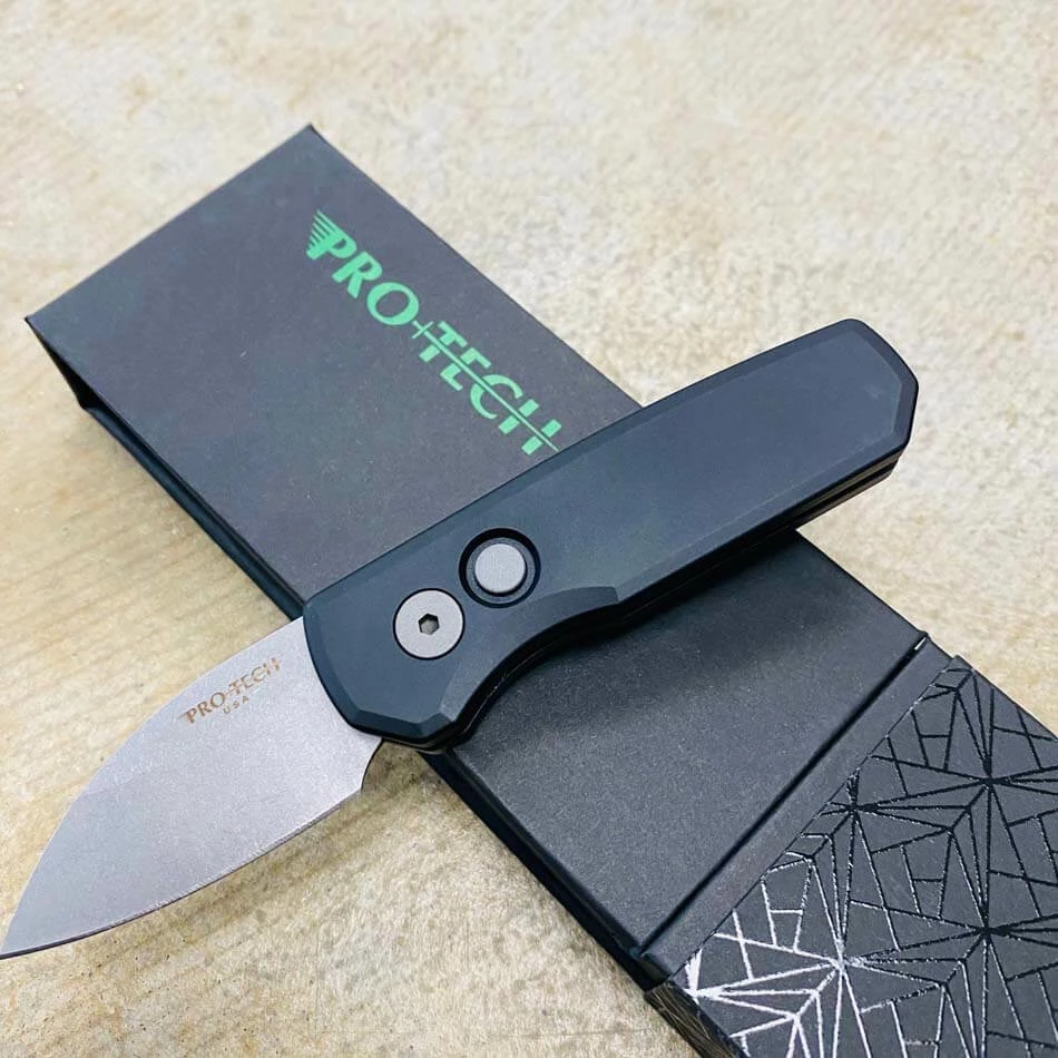 Protech Runt 5 R5301 Smooth Black Handle 1.9" Stonewash MAGNACUT Wharncliffe Blade Blasted Hardware Automatic Knife - Image 3