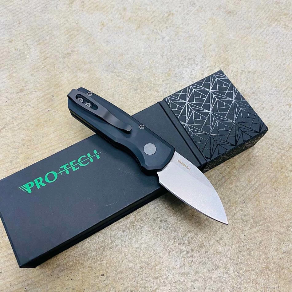 Protech Runt 5 R5301 Smooth Black Handle 1.9" Stonewash MAGNACUT Wharncliffe Blade Blasted Hardware Automatic Knife - Image 4