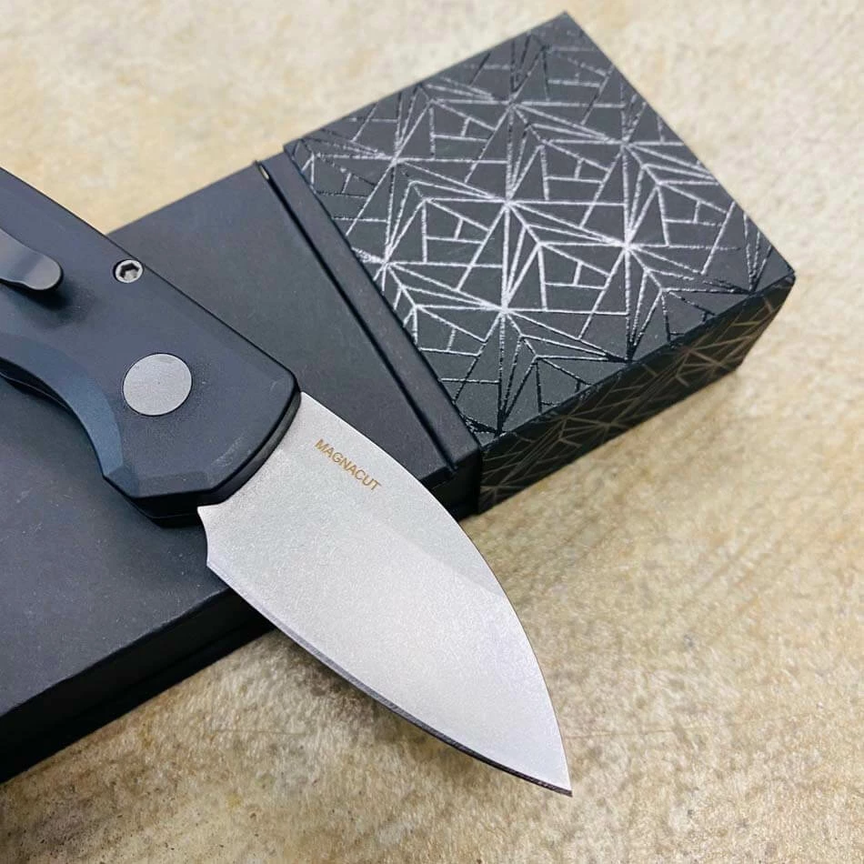 Protech Runt 5 R5301 Smooth Black Handle 1.9" Stonewash MAGNACUT Wharncliffe Blade Blasted Hardware Automatic Knife - Image 5