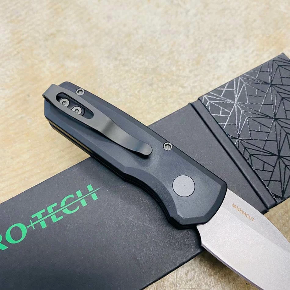 Protech Runt 5 R5301 Smooth Black Handle 1.9" Stonewash MAGNACUT Wharncliffe Blade Blasted Hardware Automatic Knife - Image 6