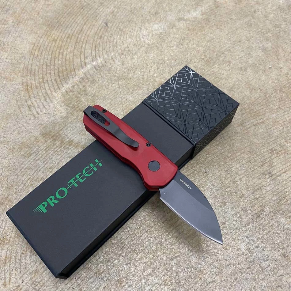 Protech Runt 5 R5303-RED Solid Red Handle 1.9" DLC Black MAGNACUT Wharncliffe Blade Automatic Knife - Image 4