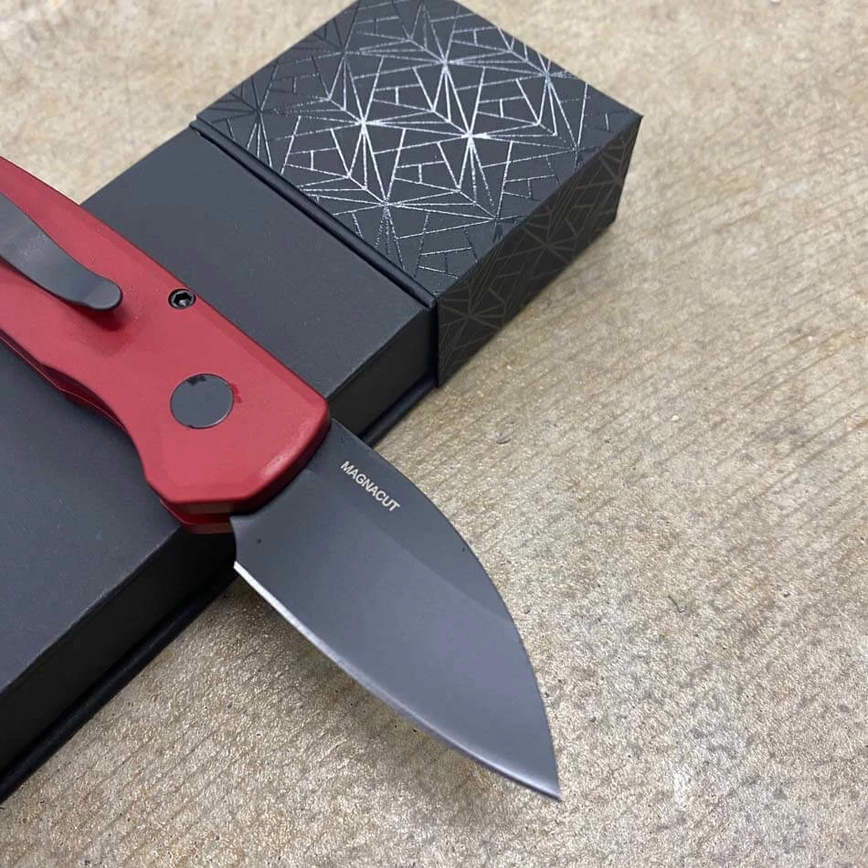 Protech Runt 5 R5303-RED Solid Red Handle 1.9" DLC Black MAGNACUT Wharncliffe Blade Automatic Knife - Image 5