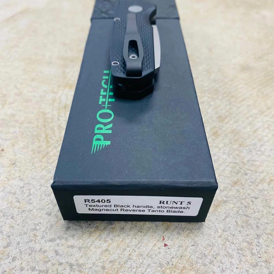 Protech Runt 5 R5405 Textured Black Handle 1.9" Stonewash MAGNACUT Reverse Tanto Blade Automatic Knife - Image 10