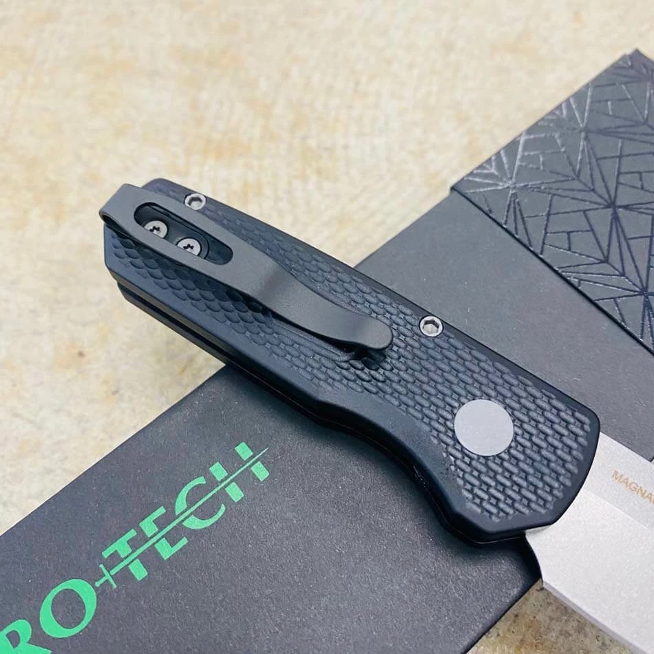 Protech Runt 5 R5405 Textured Black Handle 1.9" Stonewash MAGNACUT Reverse Tanto Blade Automatic Knife - Image 6