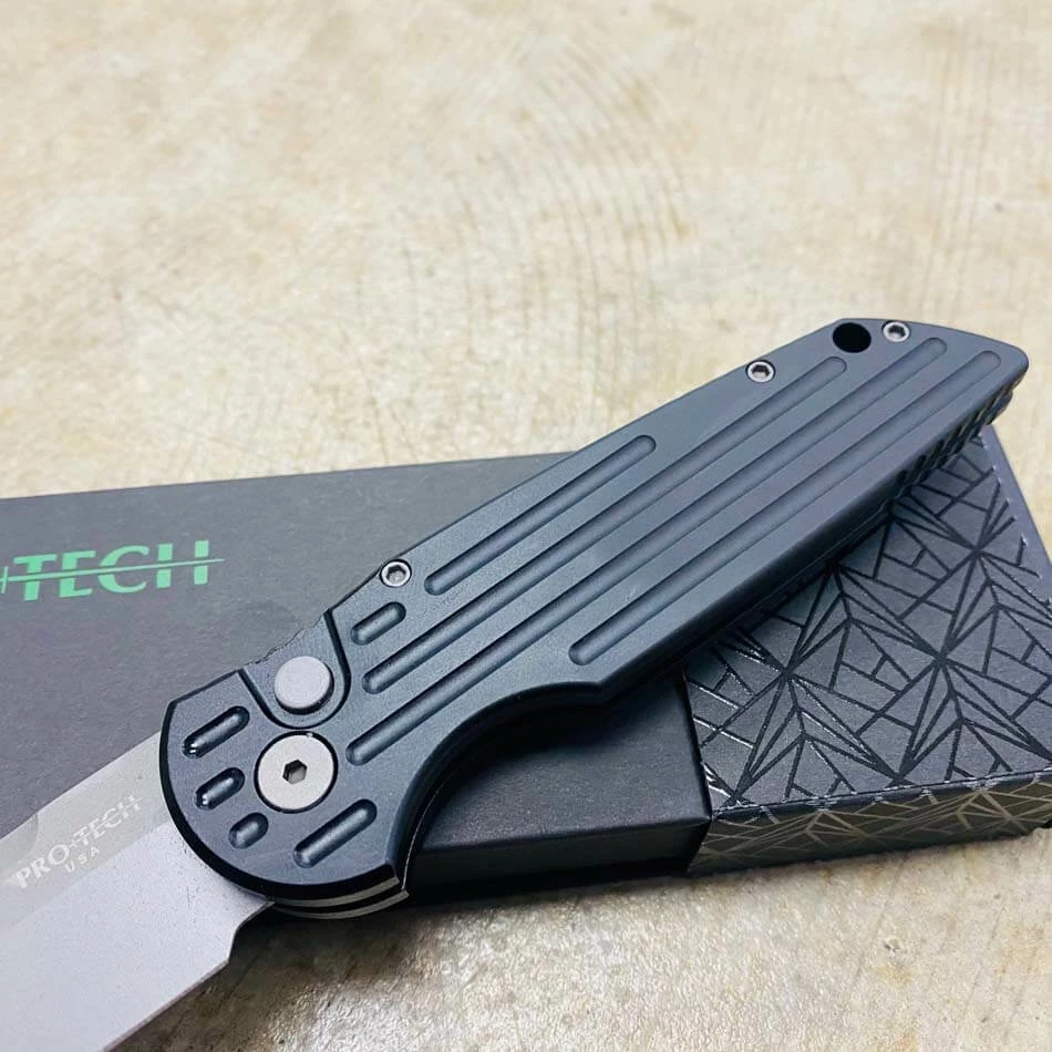 PROTECH TR-3 Clip Point 3.5" Auto Black Handle With Grooves Bead Blasted Blade Knife - Image 3