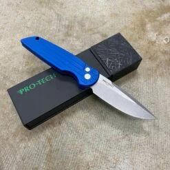 ProTech TR-3 L-1 BLUE Clip Point 3.5" LEFT HANDED Stonewash Blade Blue Handles With Grooves Automatic Knife