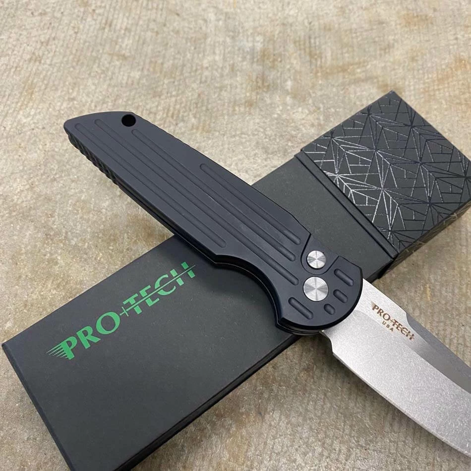 ProTech TR-3 L-1 Clip Point 3.5" LEFT HANDED Stonewash Blade Black Handles With Grooves Automatic Knife BLADE SHOW 2023 - Image 3