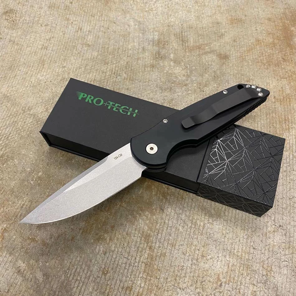 ProTech TR-3 L-1 Clip Point 3.5" LEFT HANDED Stonewash Blade Black Handles With Grooves Automatic Knife BLADE SHOW 2023 - Image 4