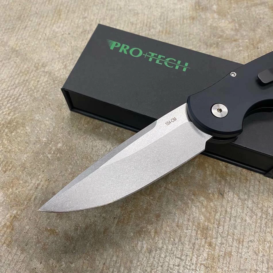 ProTech TR-3 L-1 Clip Point 3.5" LEFT HANDED Stonewash Blade Black Handles With Grooves Automatic Knife BLADE SHOW 2023 - Image 5
