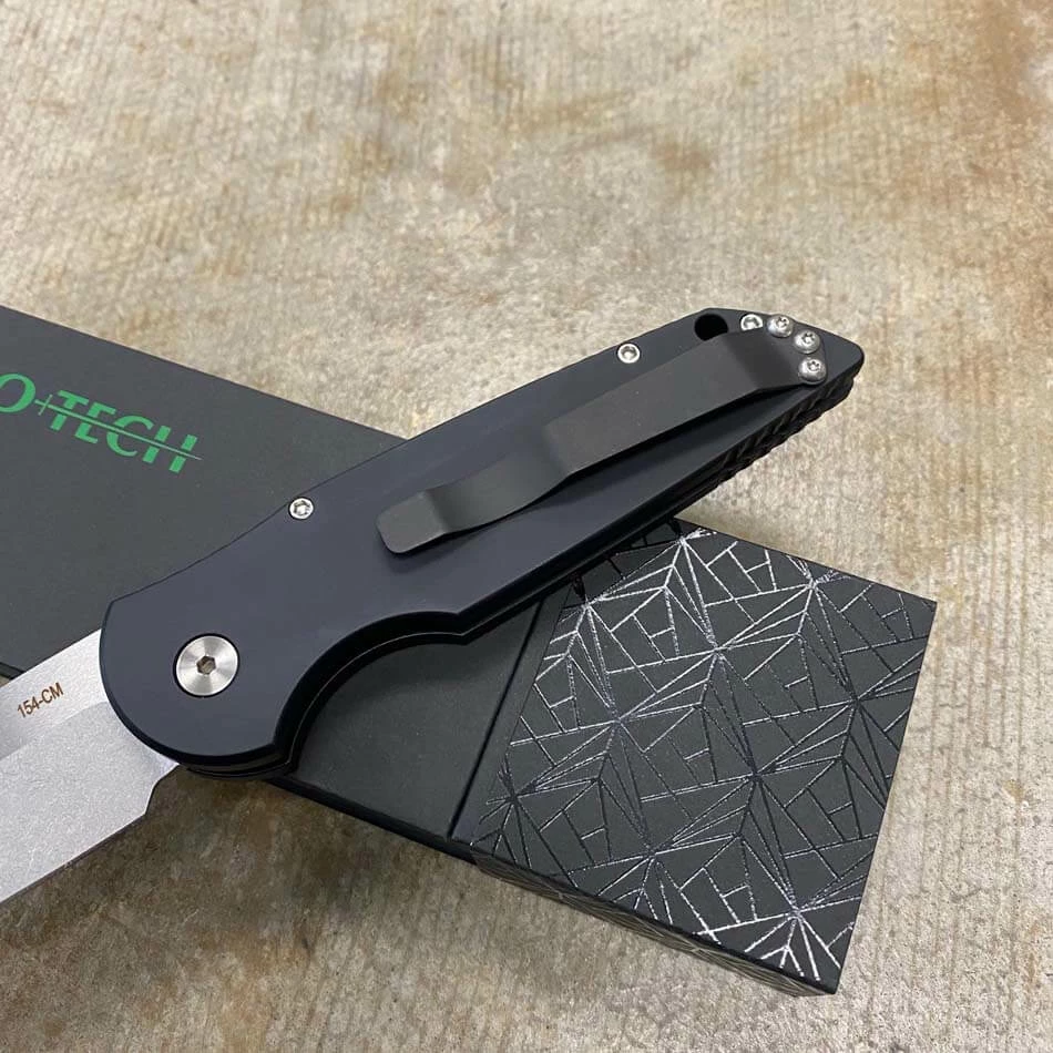 ProTech TR-3 L-1 Clip Point 3.5" LEFT HANDED Stonewash Blade Black Handles With Grooves Automatic Knife BLADE SHOW 2023 - Image 6