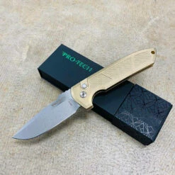 Protech LG334 Les George Rockeye 3.4" CPM-S35VN Stonewash Blade, Textured AL Bronze Handle, MOP Button, Satin Hardware, Titanium Clip Automatic Knife