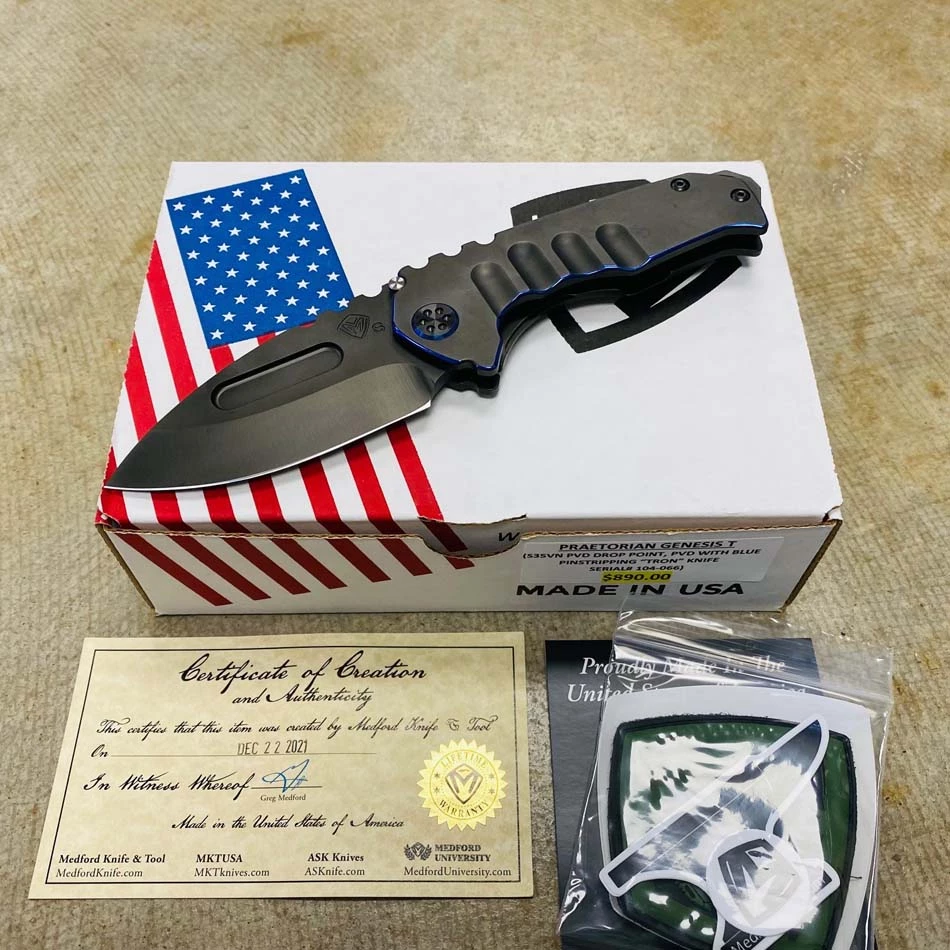 Medford Praetorian Genesis T S35VN 3.3" Drop Point PVD Handle Blue Pinstripping TRON Knife 104-066